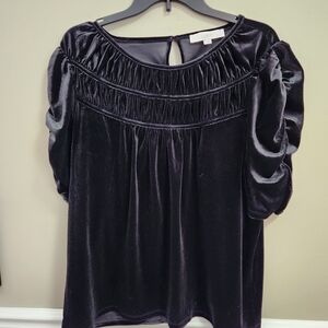 LOFT Black Velvet Blouse with Puff Sleeves